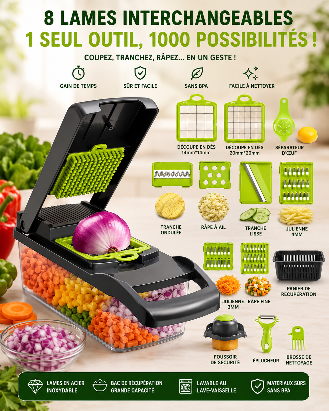 Coupe-Légumes Multifonction 16 en 1 – Mandoline, Hachoir et Râpe avec Bac de Récupération accessoire  de cuisine